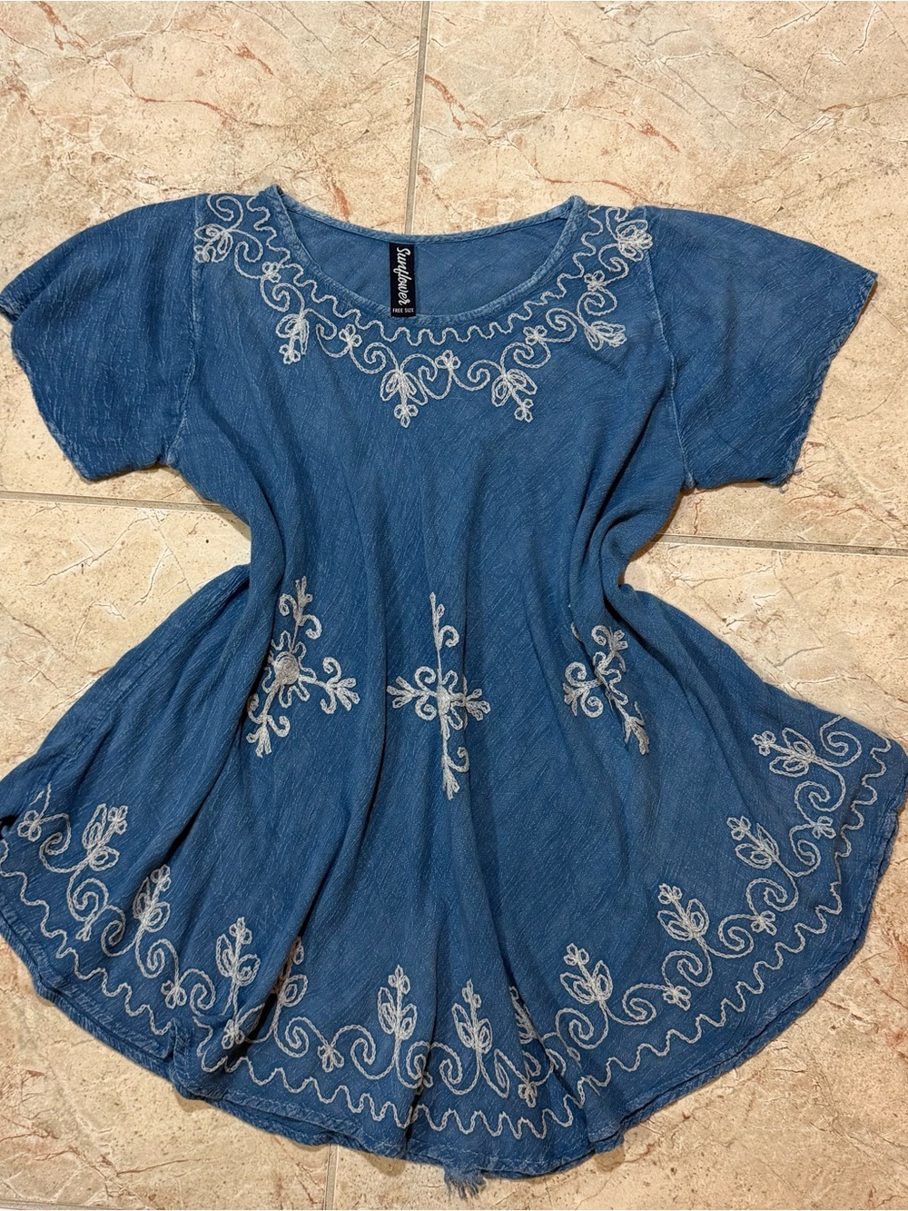 Sunflower blue mini dress with white embroidered floral details